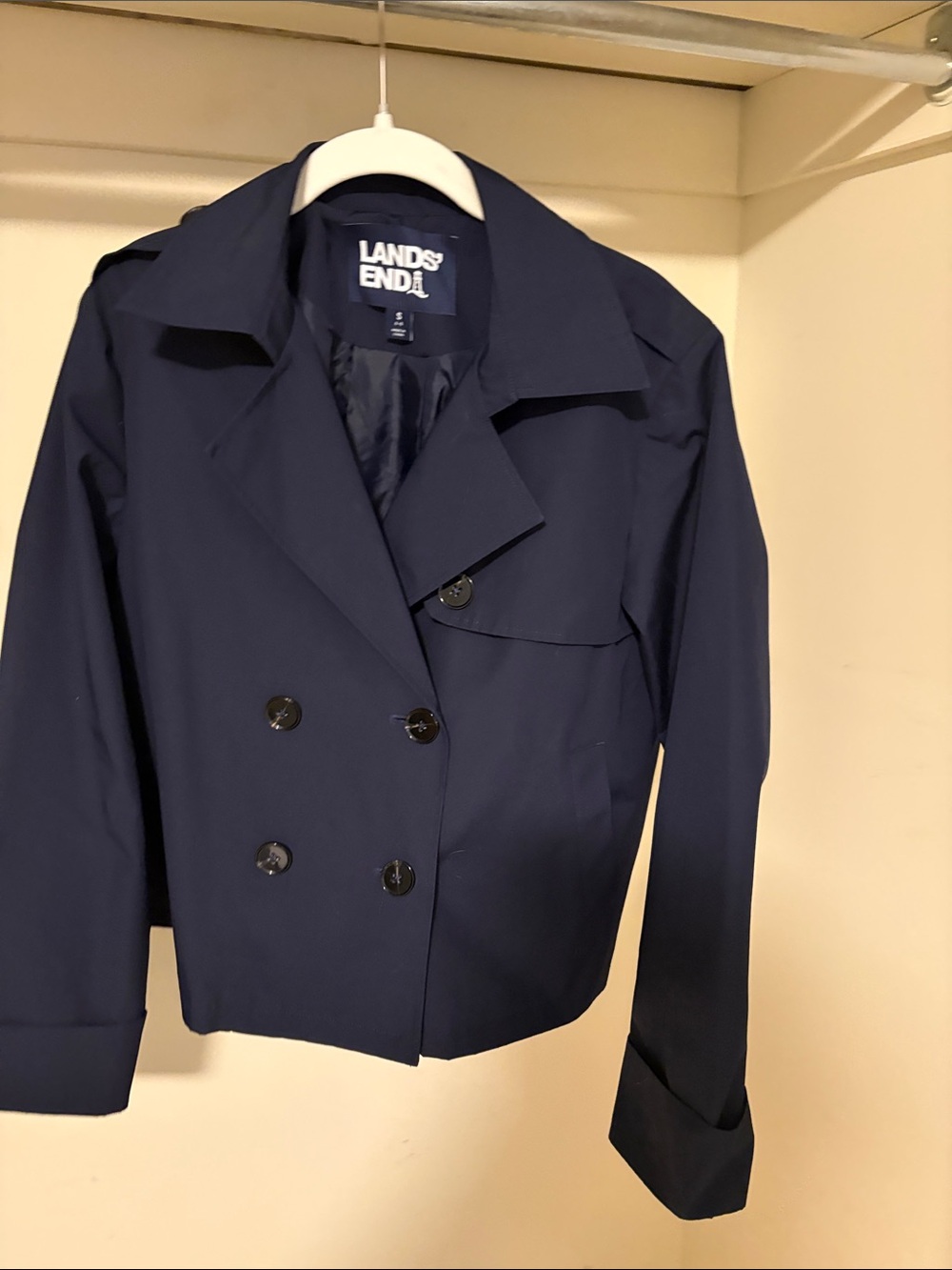 Lands' End Navy Double-Breasted Cropped Blazer